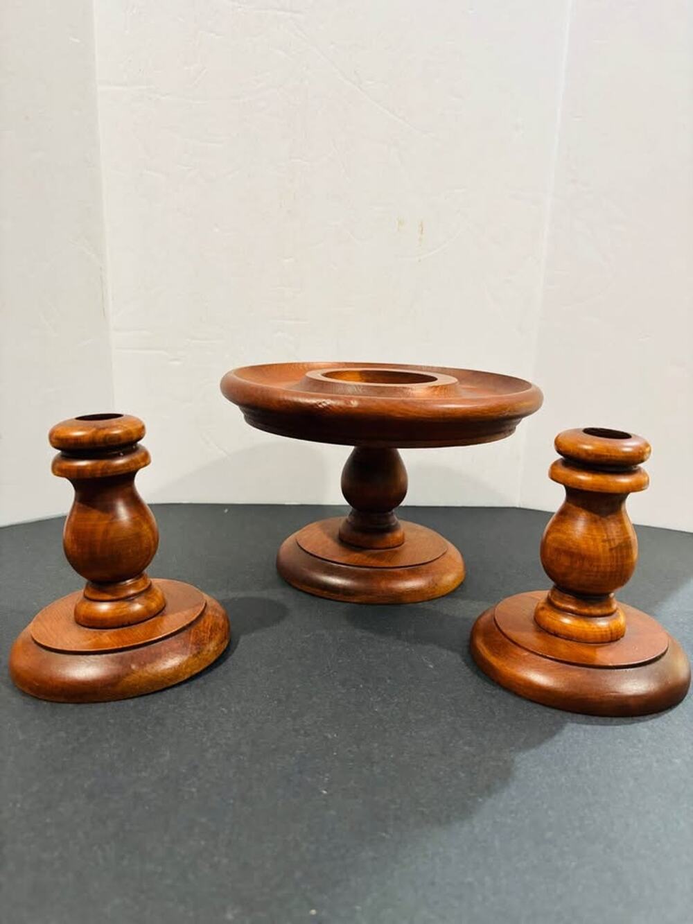 Vintage 3-Piece Turned Wood Candle Holder Set – Taper and pedestal